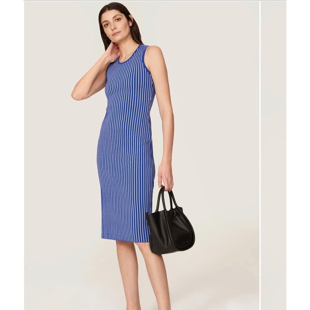 Jason Wu Blue White Striped Ribbed Knit Sleeveless Midi Bodycon Dress Womens M
